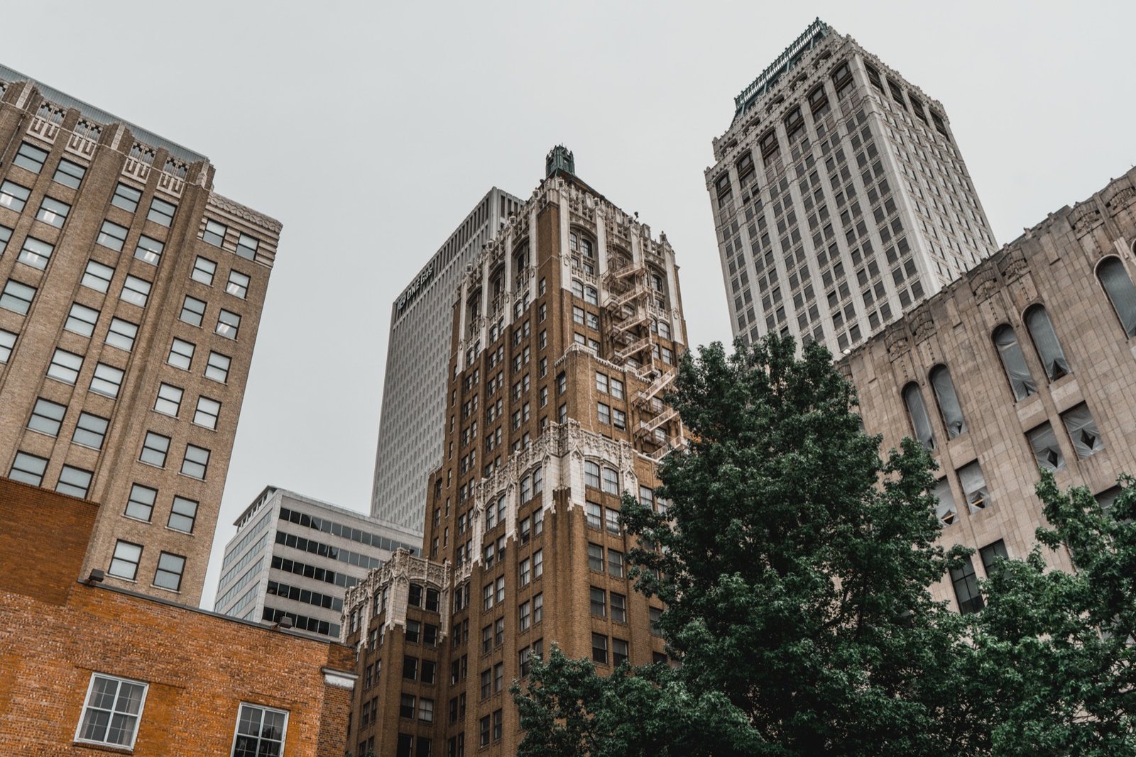 Art Deco and mid-century towers in downtown Tulsa seen from street level